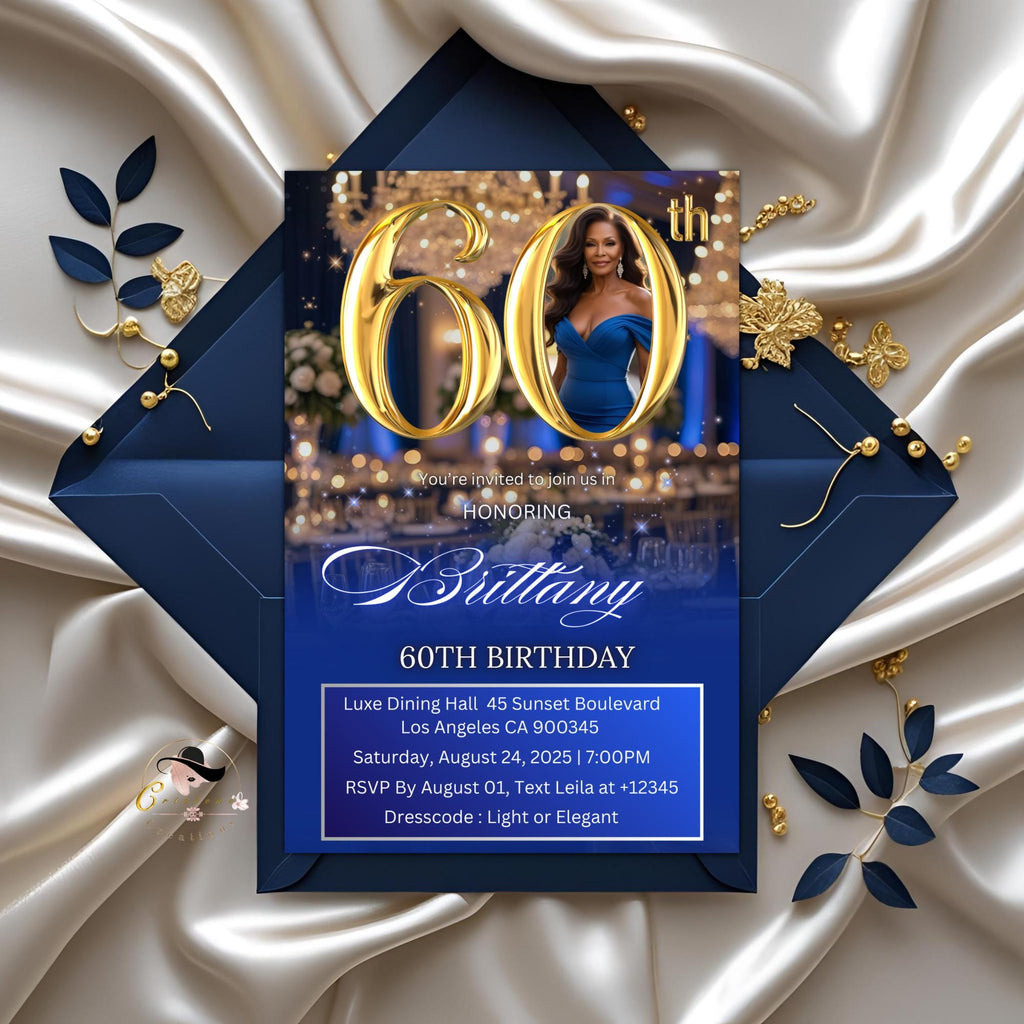 Digital 60th Birthday invitation Blue Gold Luxury 60th Birthday Dinner Invite with photo Sixtieth Birthday Party Card Printable Template