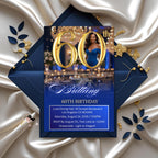 Digital 60th Birthday invitation Blue Gold Luxury 60th Birthday Dinner Invite with photo Sixtieth Birthday Party Card Printable Template