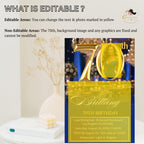 Editable 70th Birthday Invitation Blue Gold Digital 70th Birthday Dinner invite with photo Luxury 70 and Fabulous card Printable Template