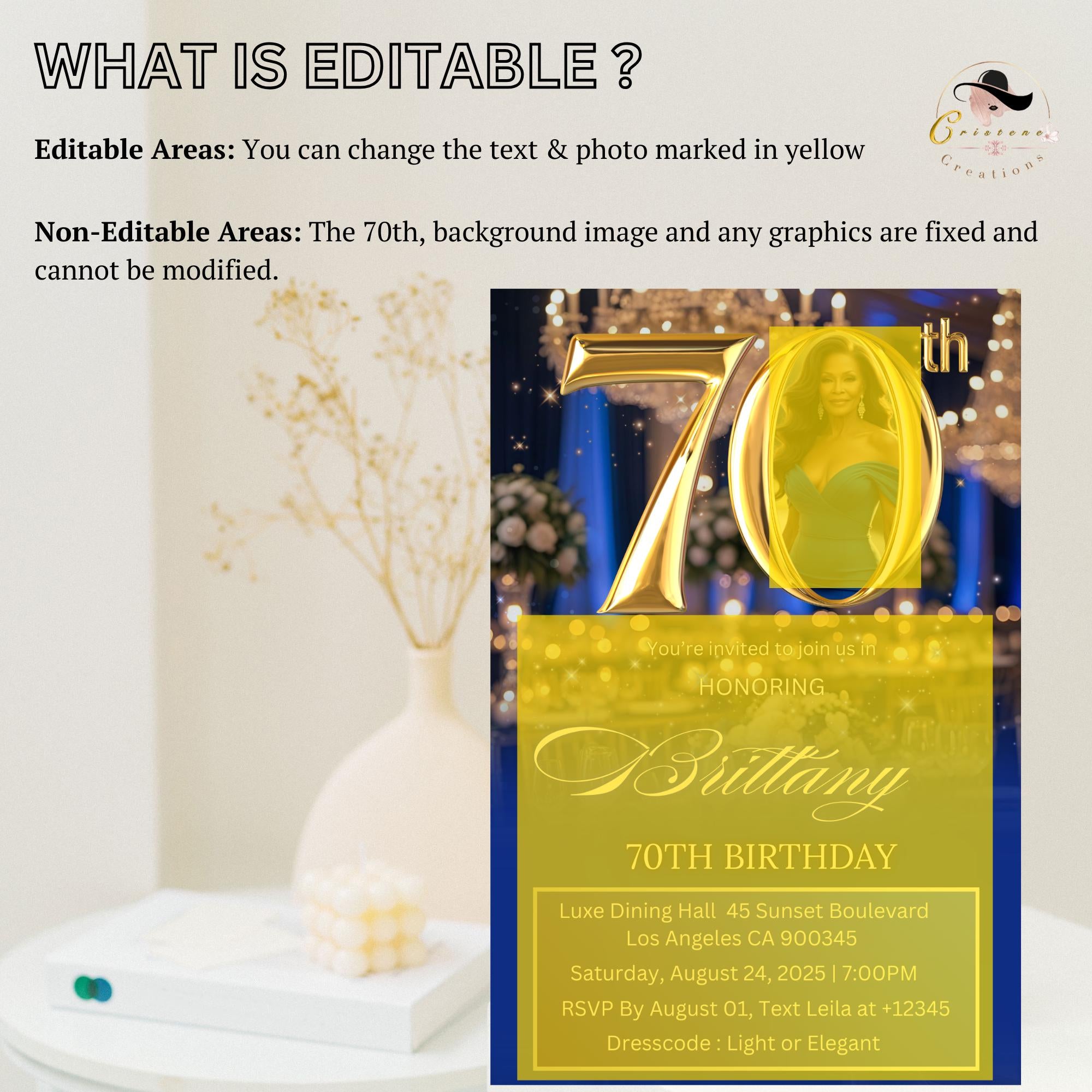 Editable 70th Birthday Invitation Blue Gold Digital 70th Birthday Dinner invite with photo Luxury 70 and Fabulous card Printable Template