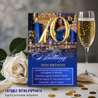 Editable 70th Birthday Invitation Blue Gold Digital 70th Birthday Dinner invite with photo Luxury 70 and Fabulous card Printable Template