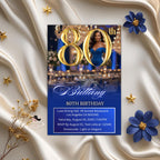 Digital 80th Birthday invitation Blue Gold 80th Luxury Birthday Dinner invite with photo Eightieth Birthday party card Editable Template