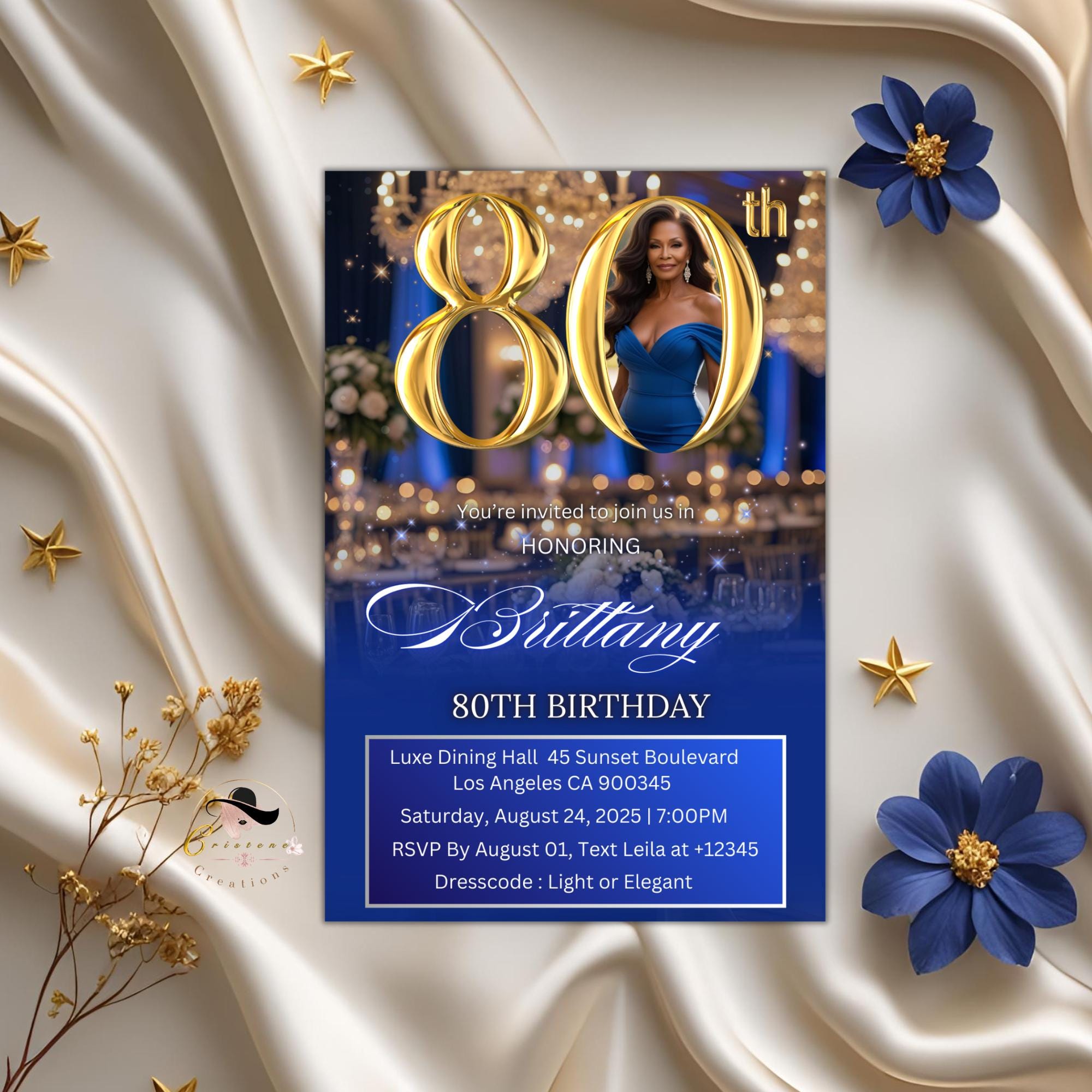 Digital 80th Birthday invitation Blue Gold 80th Luxury Birthday Dinner invite with photo Eightieth Birthday party card Editable Template