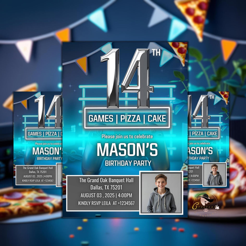 Digital 14th Birthday Invitation with photo Neon Blue 14th Birthday Dinner party Pizza and Gamer theme Teen Boy Invite Bruh You In Template