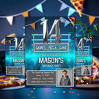 Digital 14th Birthday Invitation with photo Neon Blue 14th Birthday Dinner party Pizza and Gamer theme Teen Boy Invite Bruh You In Template