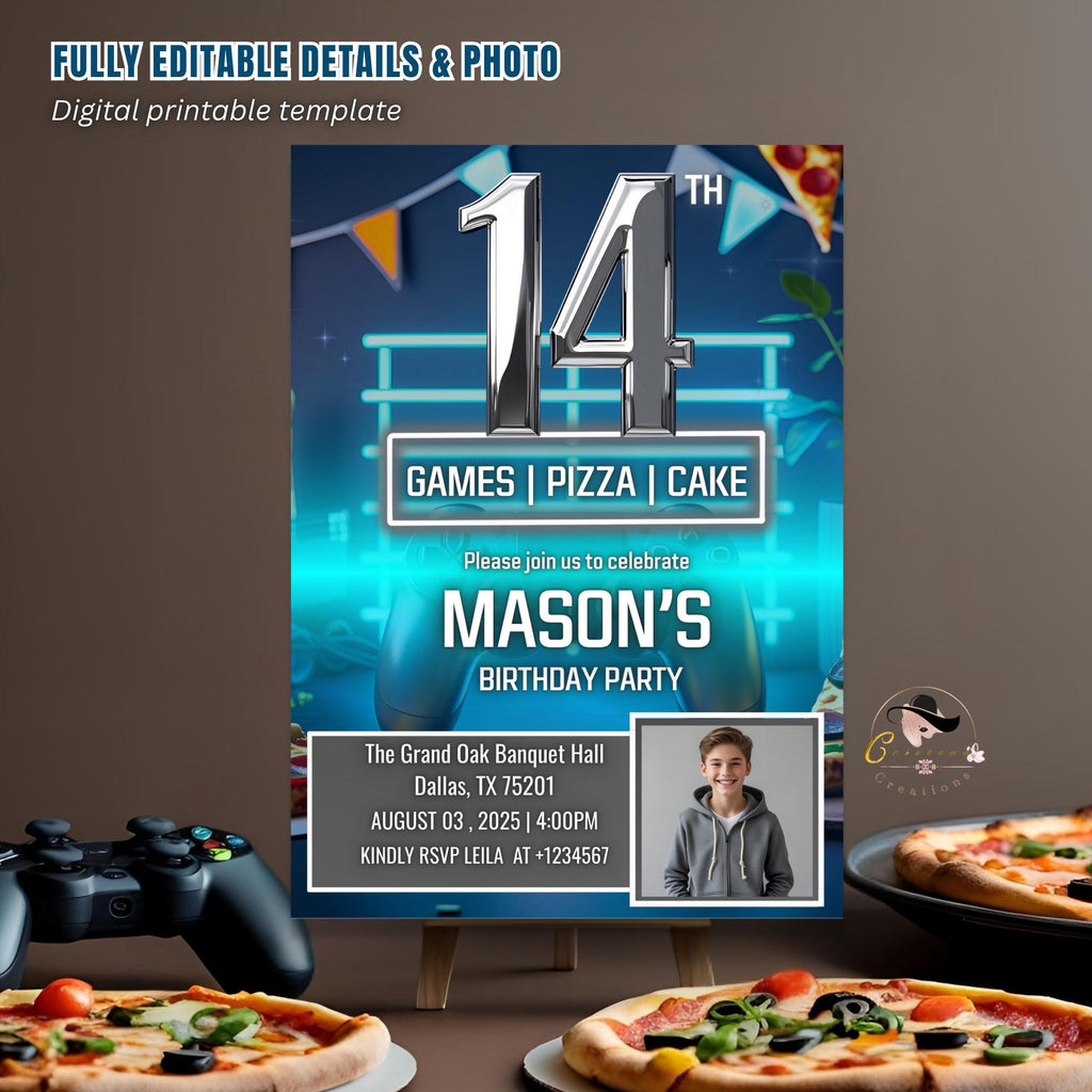 Digital 14th Birthday Invitation with photo Neon Blue 14th Birthday Dinner party Pizza and Gamer theme Teen Boy Invite Bruh You In Template