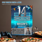 Digital 14th Birthday Invitation with photo Neon Blue 14th Birthday Dinner party Pizza and Gamer theme Teen Boy Invite Bruh You In Template