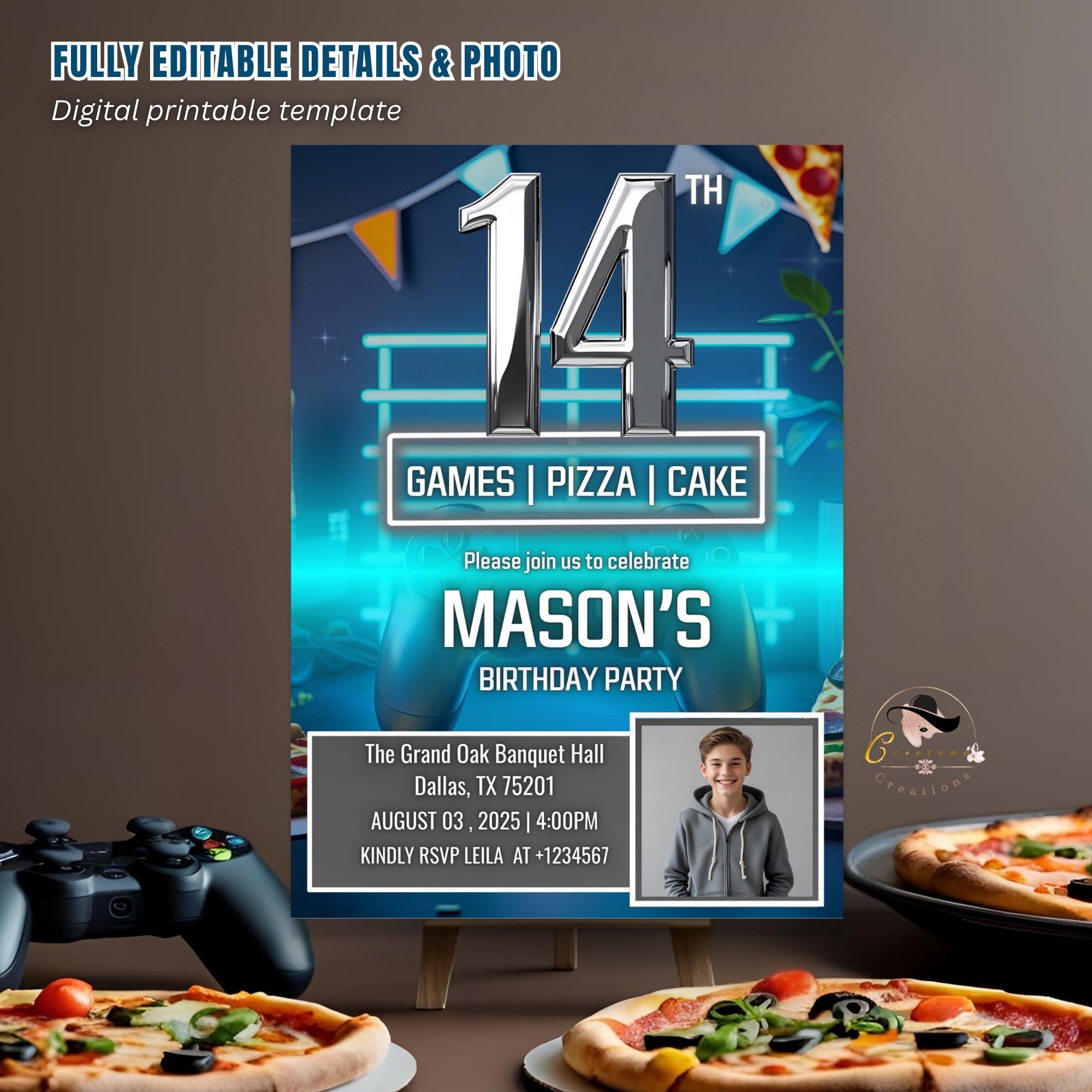 Digital 14th Birthday Invitation with photo Neon Blue 14th Birthday Dinner party Pizza and Gamer theme Teen Boy Invite Bruh You In Template