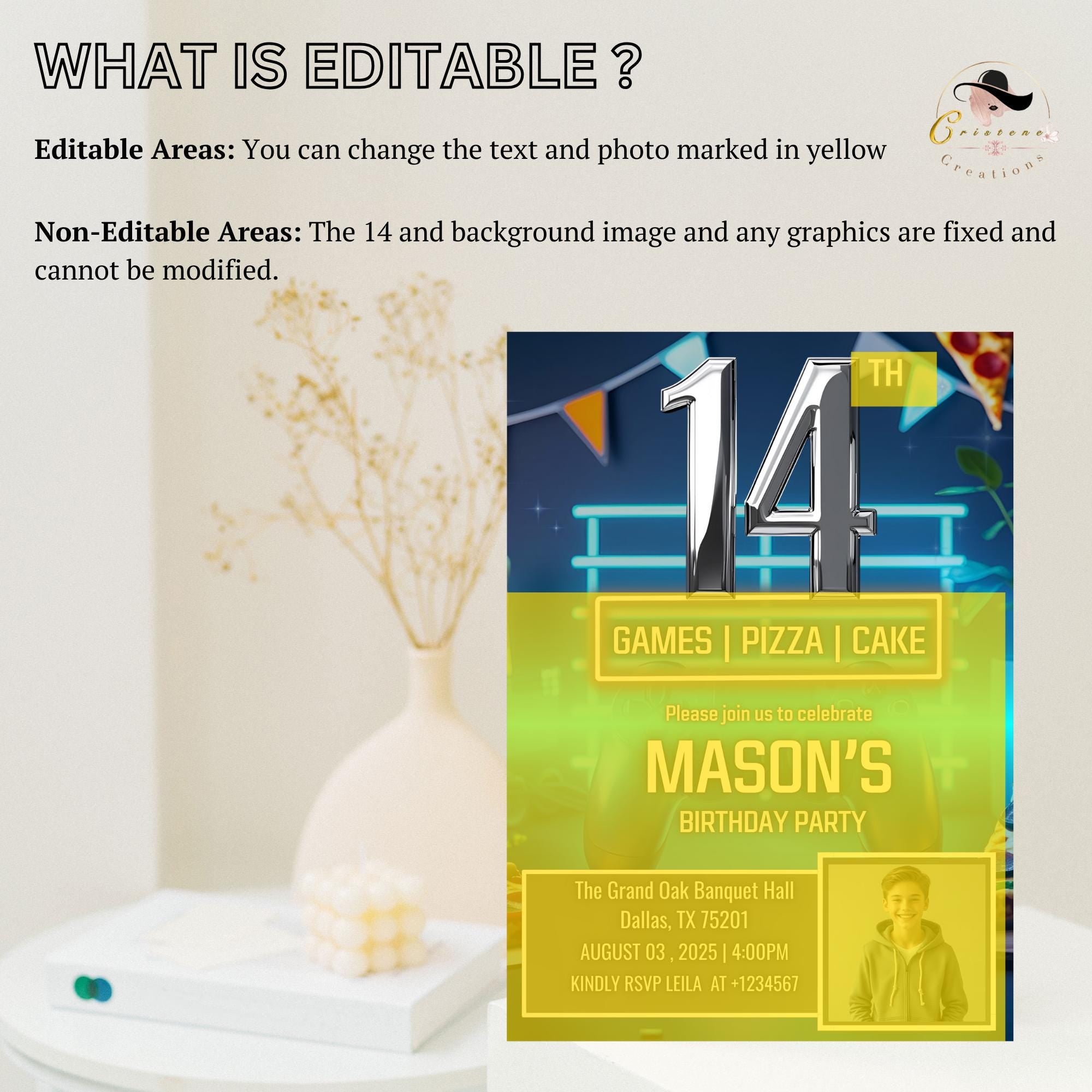 Digital 14th Birthday Invitation with photo Neon Blue 14th Birthday Dinner party Pizza and Gamer theme Teen Boy Invite Bruh You In Template