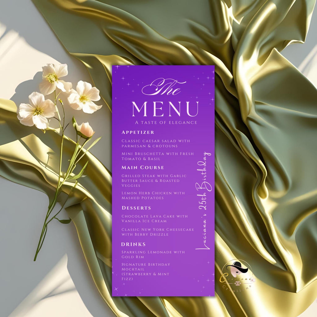 Purple Menu Card Template with photo, Birthday Dinner Menu cards, Printable Bridal Shower Menu Design Double Sided Retirement Menu