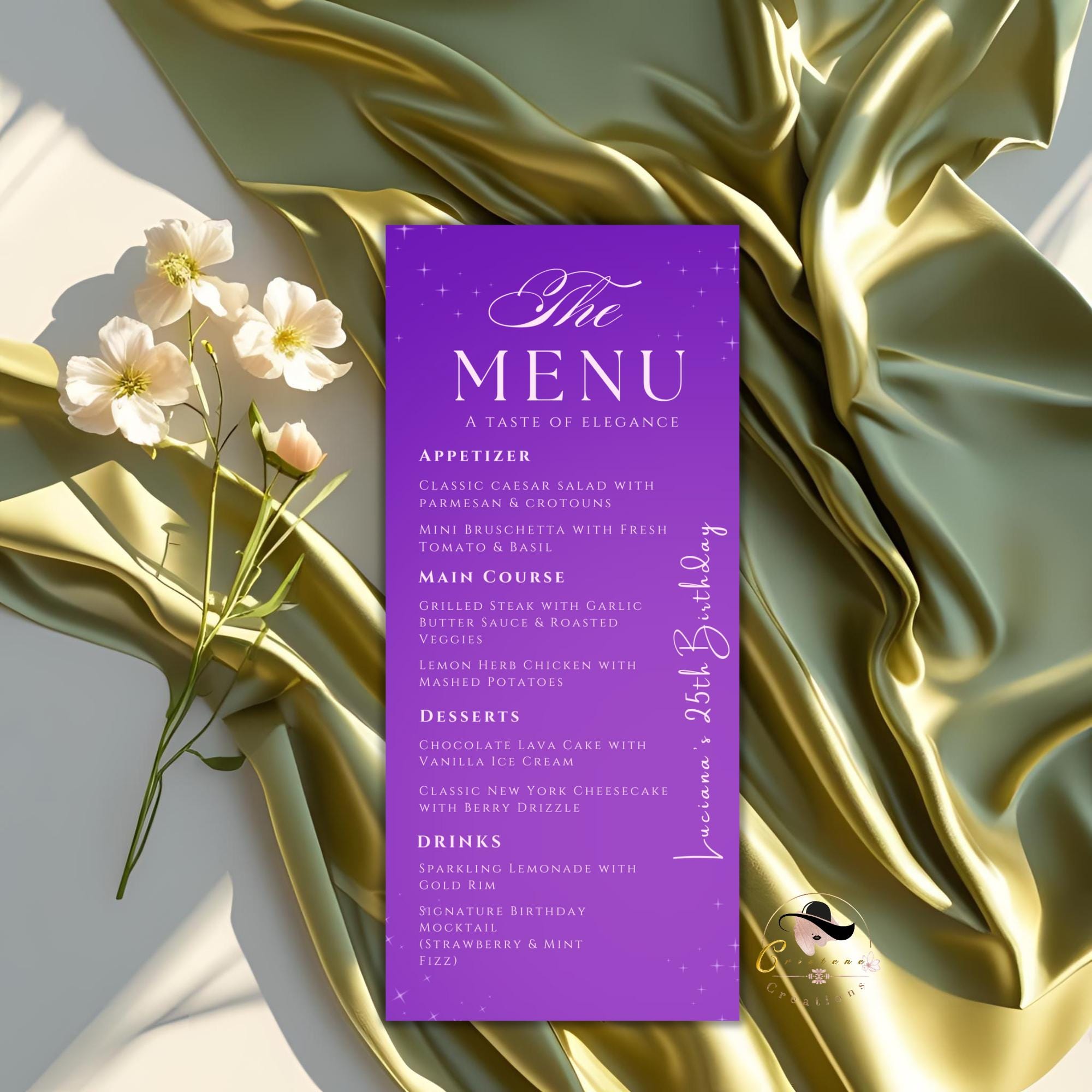 Purple Menu Card Template with photo, Birthday Dinner Menu cards, Printable Bridal Shower Menu Design Double Sided Retirement Menu