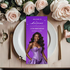 Purple Menu Card Template with photo, Birthday Dinner Menu cards, Printable Bridal Shower Menu Design Double Sided Retirement Menu