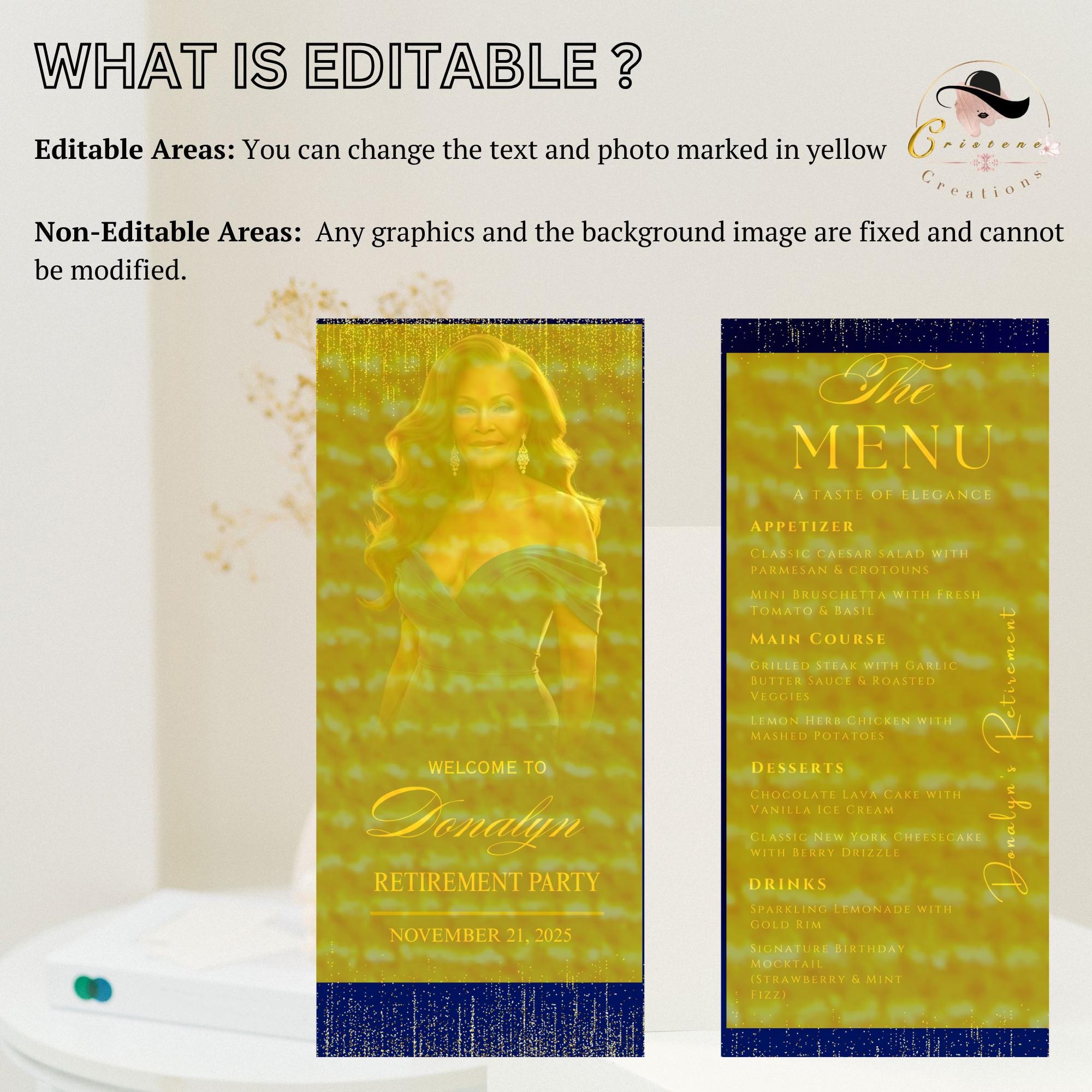Editable Retirement Menu Template Blue Gold with photo Birthday Dinner Menu Party cards Printable Event Menu Design Glam Luxury Menu Canva