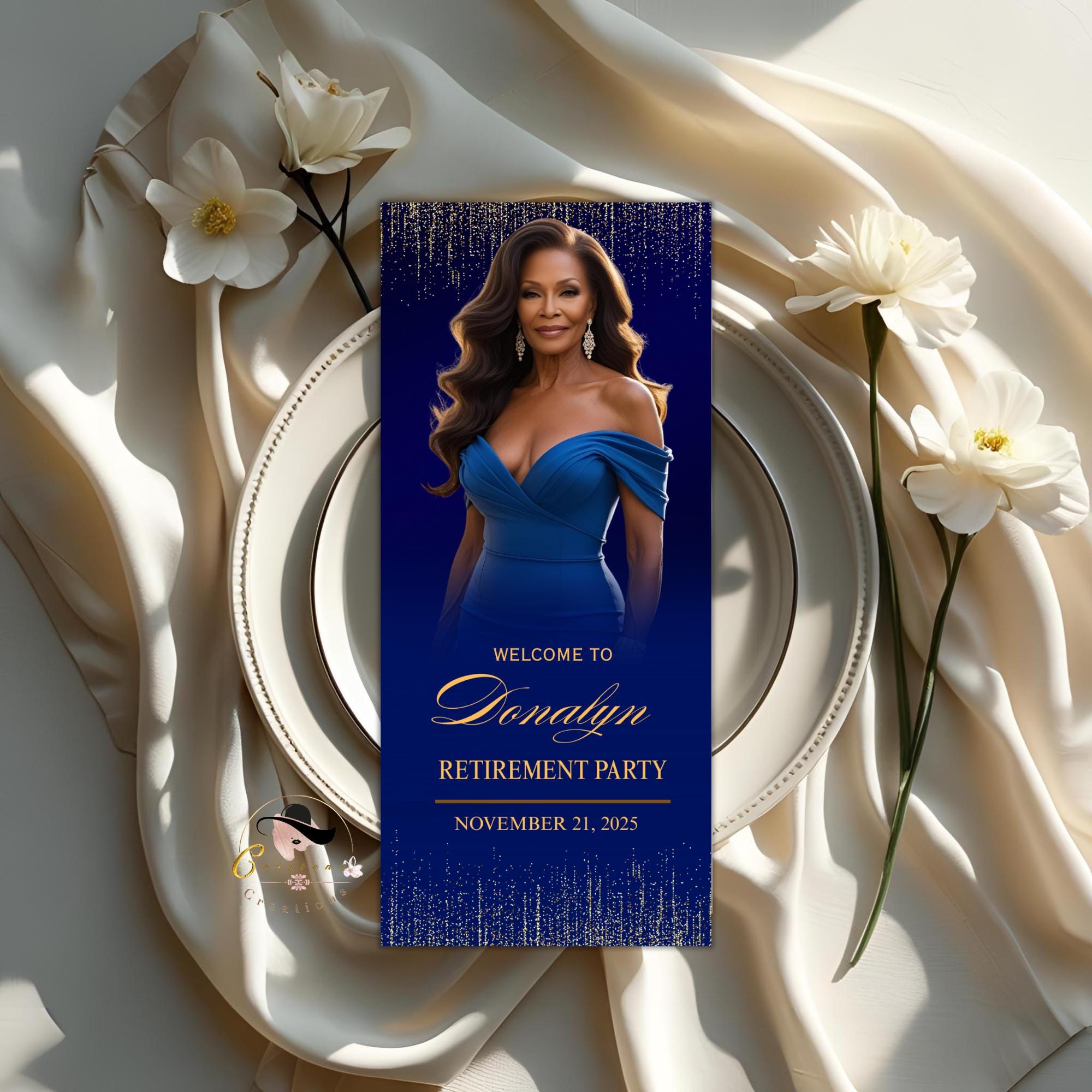 Editable Retirement Menu Template Blue Gold with photo Birthday Dinner Menu Party cards Printable Event Menu Design Glam Luxury Menu Canva