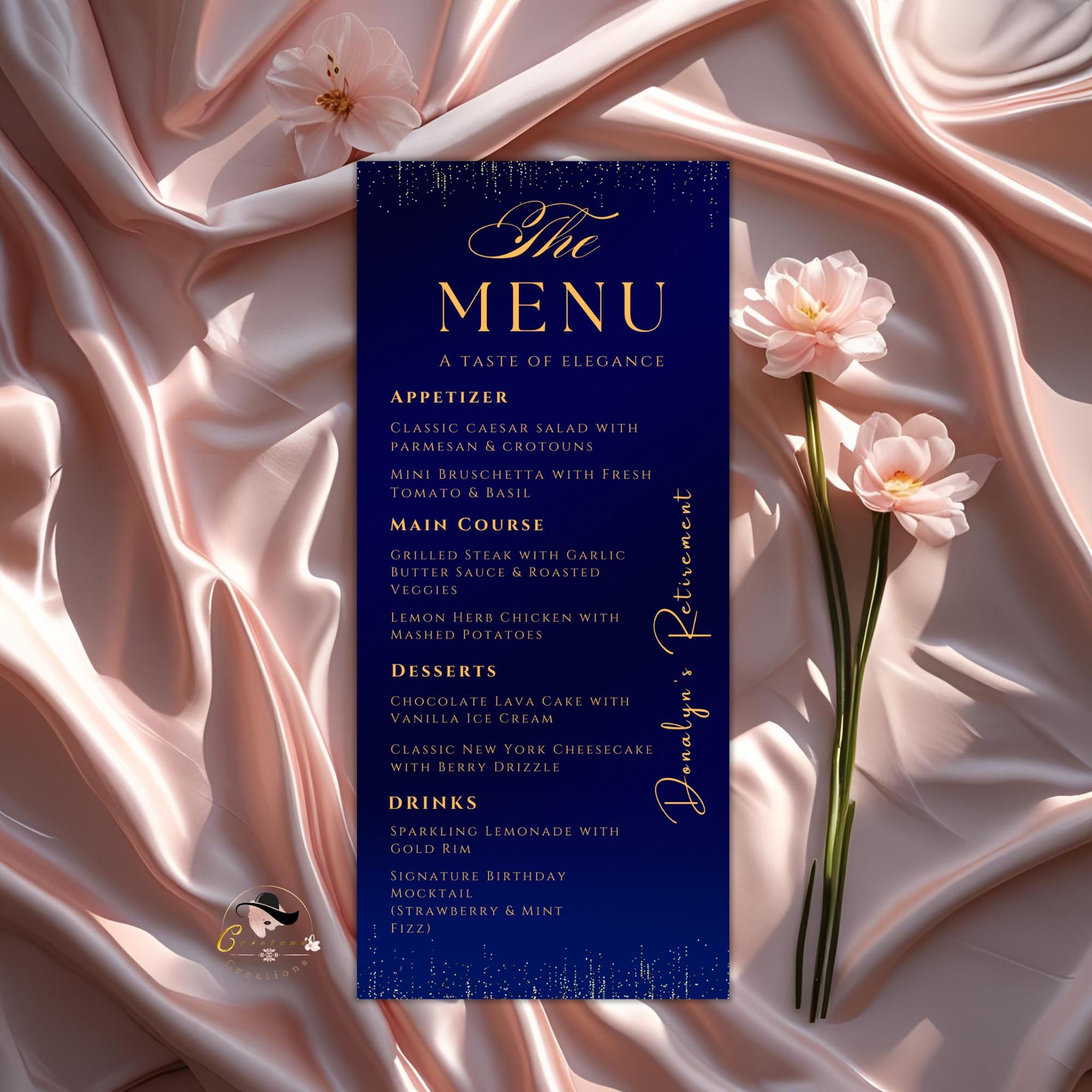 Editable Retirement Menu Template Blue Gold with photo Birthday Dinner Menu Party cards Printable Event Menu Design Glam Luxury Menu Canva
