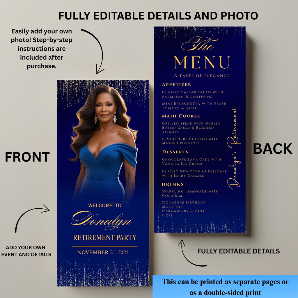 Editable Retirement Menu Template Blue Gold with photo Birthday Dinner Menu Party cards Printable Event Menu Design Glam Luxury Menu Canva