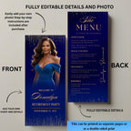 Editable Retirement Menu Template Blue Gold with photo Birthday Dinner Menu Party cards Printable Event Menu Design Glam Luxury Menu Canva