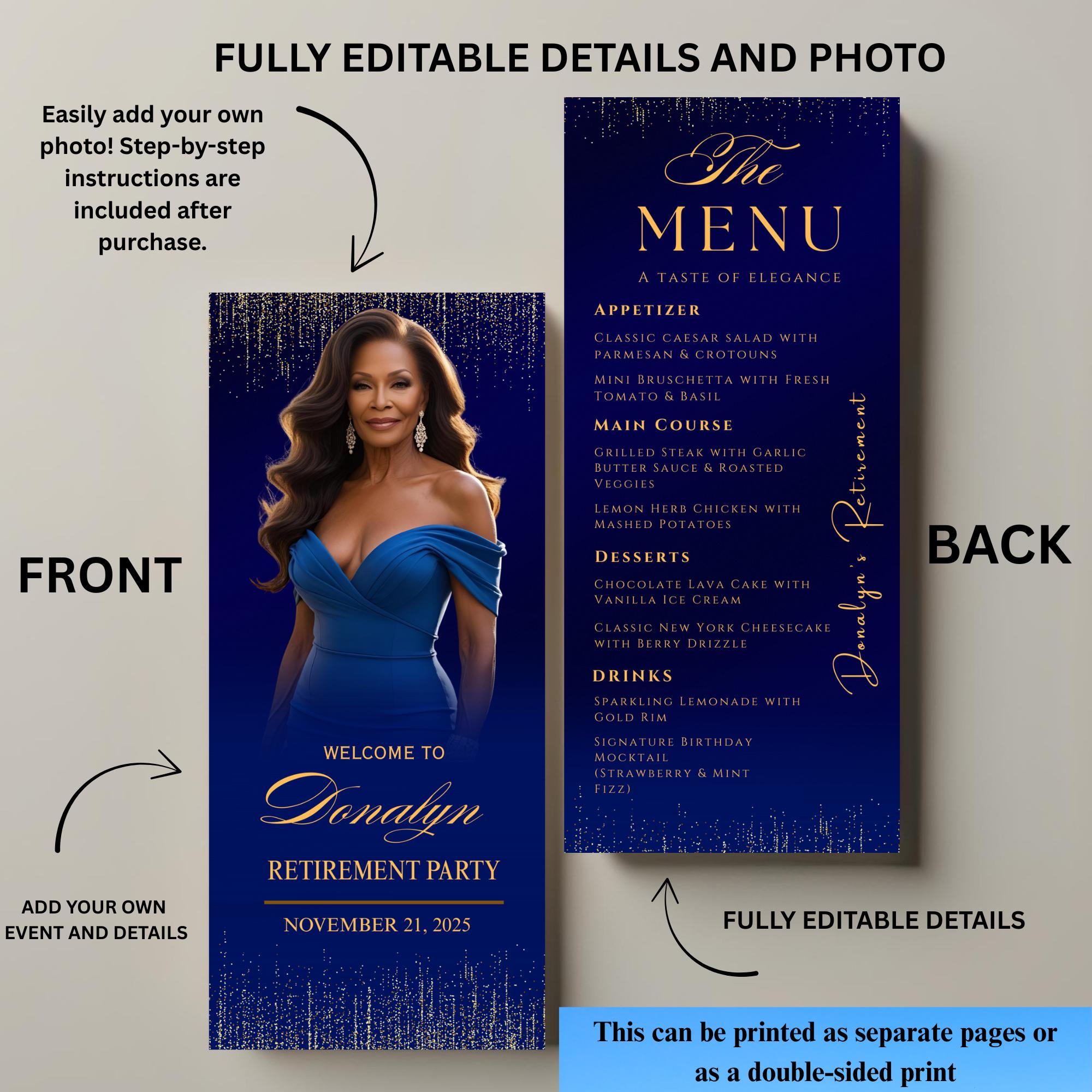 Editable Retirement Menu Template Blue Gold with photo Birthday Dinner Menu Party cards Printable Event Menu Design Glam Luxury Menu Canva