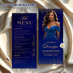 Editable Retirement Menu Template Blue Gold with photo Birthday Dinner Menu Party cards Printable Event Menu Design Glam Luxury Menu Canva