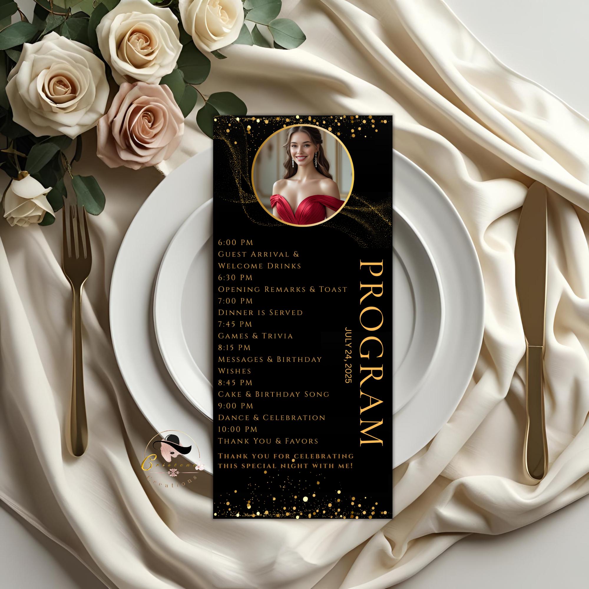 Editable Menu and Program Template Black Gold with photo Birthday Party Menu Dinner cards Printable Event Program Retirement Menu Design