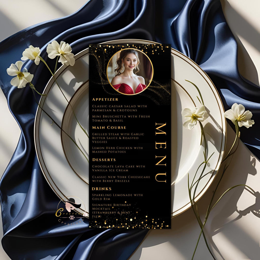Editable Menu and Program Template Black Gold with photo Birthday Party Menu Dinner cards Printable Event Program Retirement Menu Design