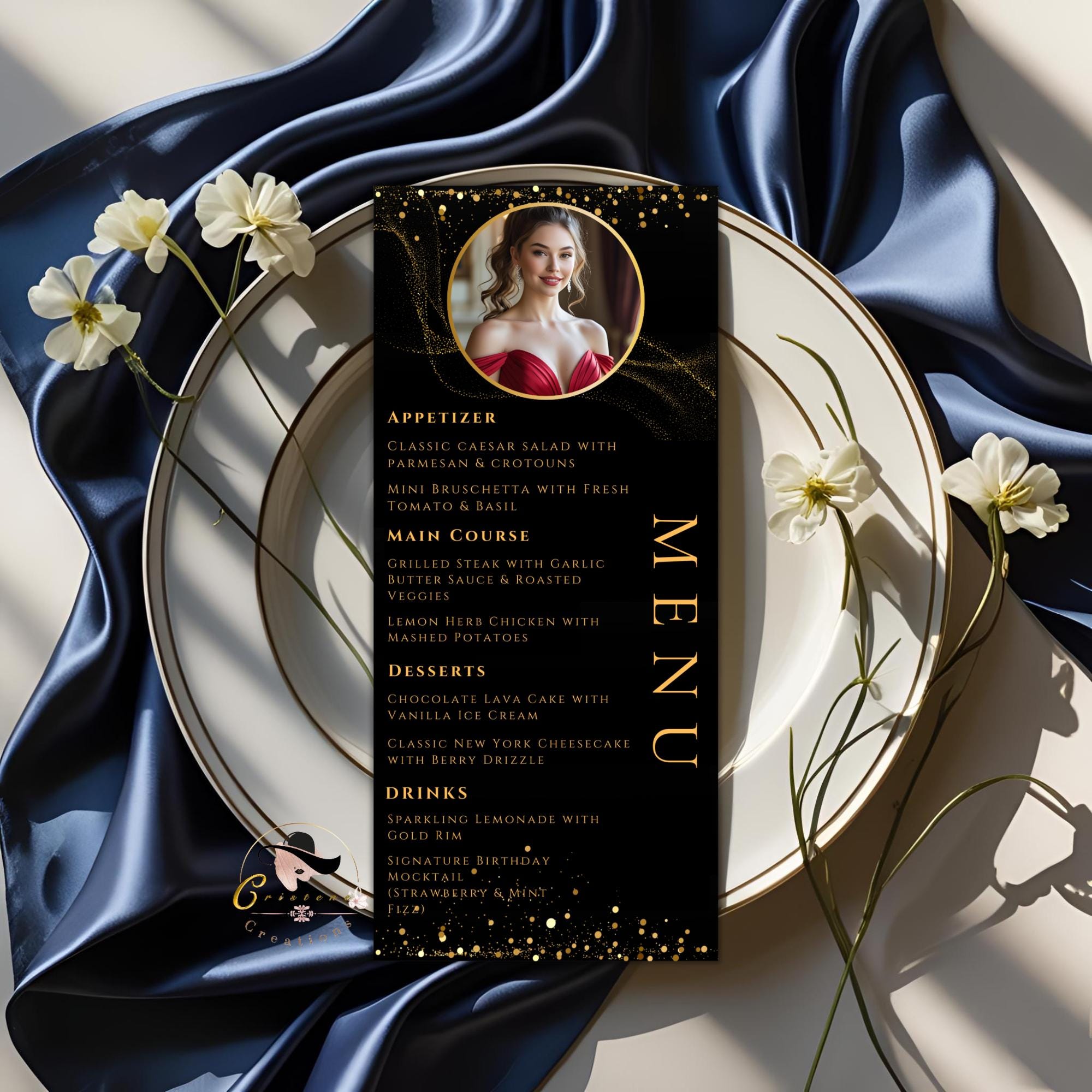 Editable Menu and Program Template Black Gold with photo Birthday Party Menu Dinner cards Printable Event Program Retirement Menu Design