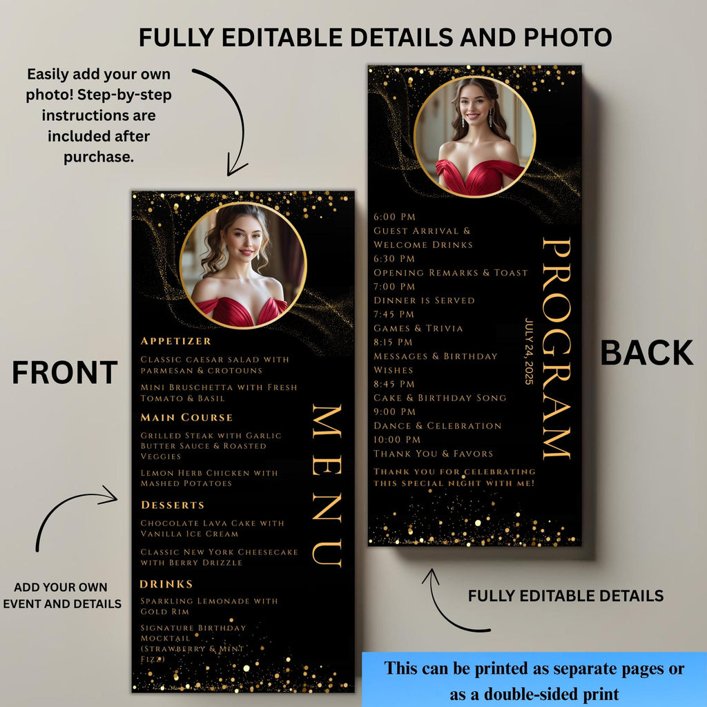 Editable Menu and Program Template Black Gold with photo Birthday Party Menu Dinner cards Printable Event Program Retirement Menu Design