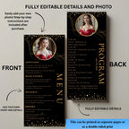 Editable Menu and Program Template Black Gold with photo Birthday Party Menu Dinner cards Printable Event Program Retirement Menu Design