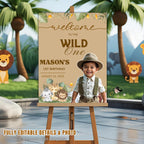 Editable Safari Birthday Party Welcome Sign with photo 1st Birthday Welcome Sign Board Wild One Poster Sign Printable Custom Jungle Decor