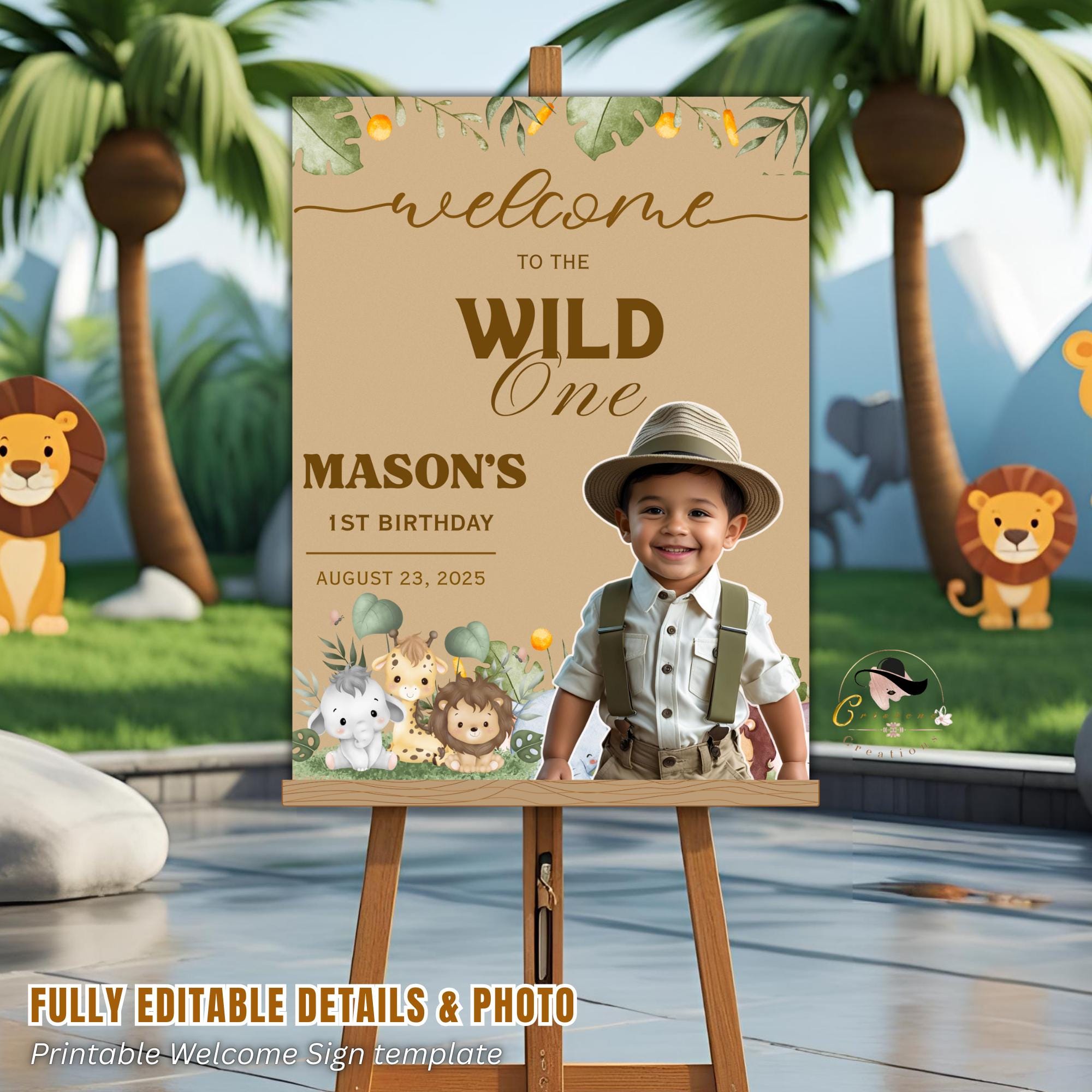 Editable Safari Birthday Party Welcome Sign with photo 1st Birthday Welcome Sign Board Wild One Poster Sign Printable Custom Jungle Decor