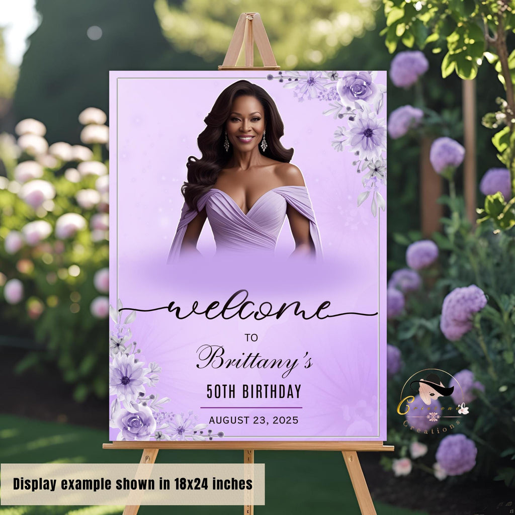 Editable Welcome Party Sign Purple Floral Birthday Dinner Sign Retirement party Sign Board Printable Poster Sign with photo Digital Template