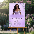 Editable Welcome Party Sign Purple Floral Birthday Dinner Sign Retirement party Sign Board Printable Poster Sign with photo Digital Template