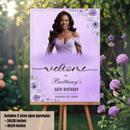 Editable Welcome Party Sign Purple Floral Birthday Dinner Sign Retirement party Sign Board Printable Poster Sign with photo Digital Template
