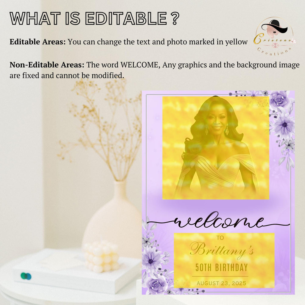 Editable Welcome Party Sign Purple Floral Birthday Dinner Sign Retirement party Sign Board Printable Poster Sign with photo Digital Template