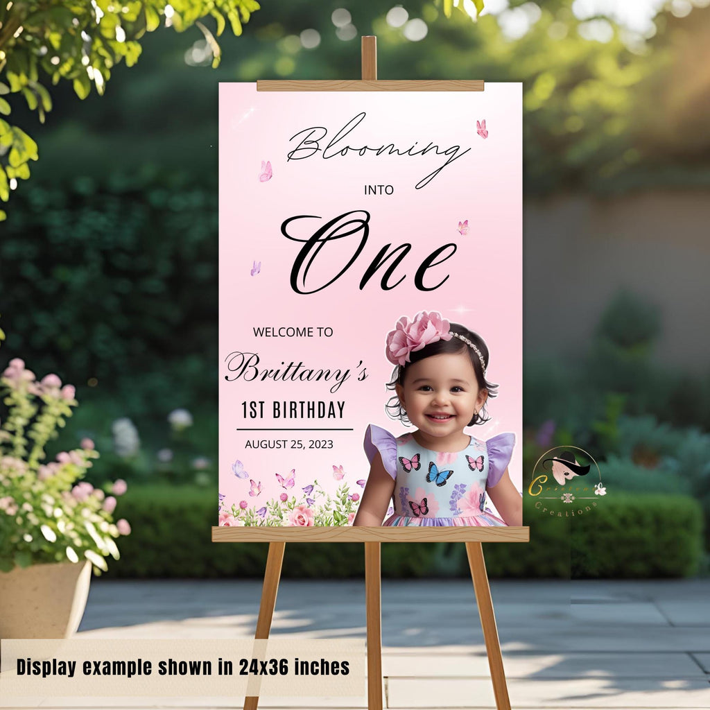 Floral 1st Birthday Welcome Sign with photo, Pink Wildflower (Printable Template)