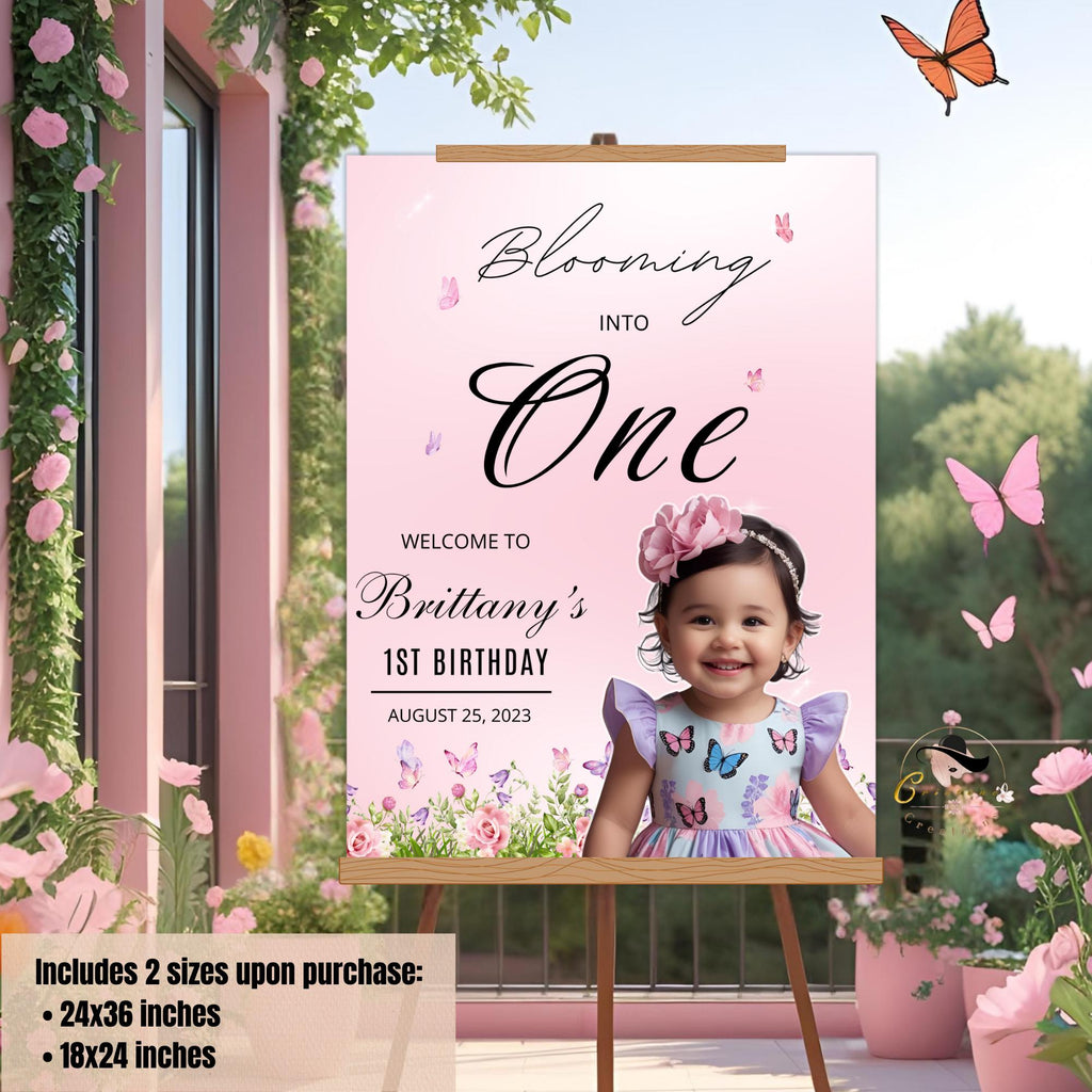 Floral 1st Birthday Welcome Sign with photo, Pink Wildflower (Printable Template)