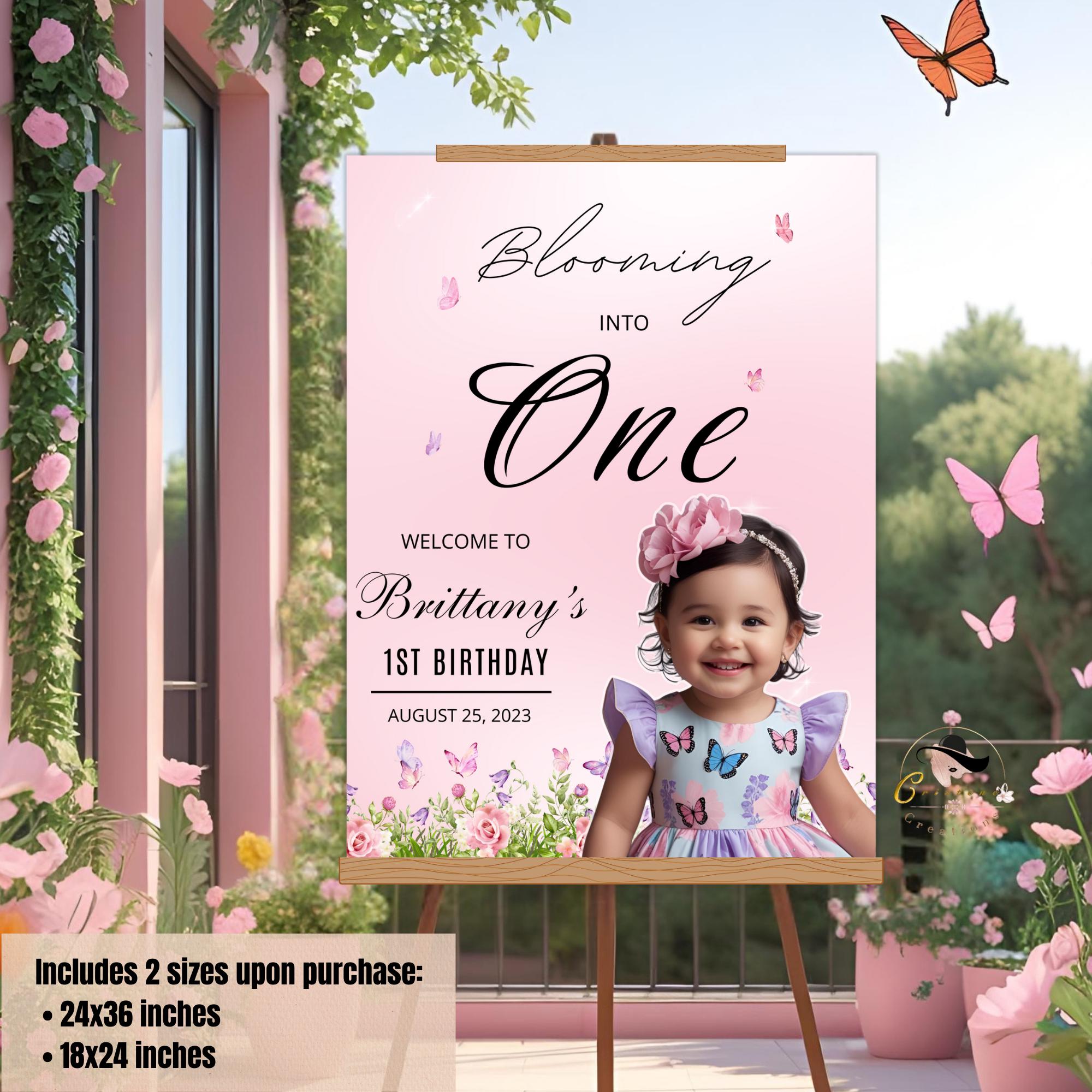 Floral 1st Birthday Welcome Sign with photo, Pink Wildflower (Printable Template)