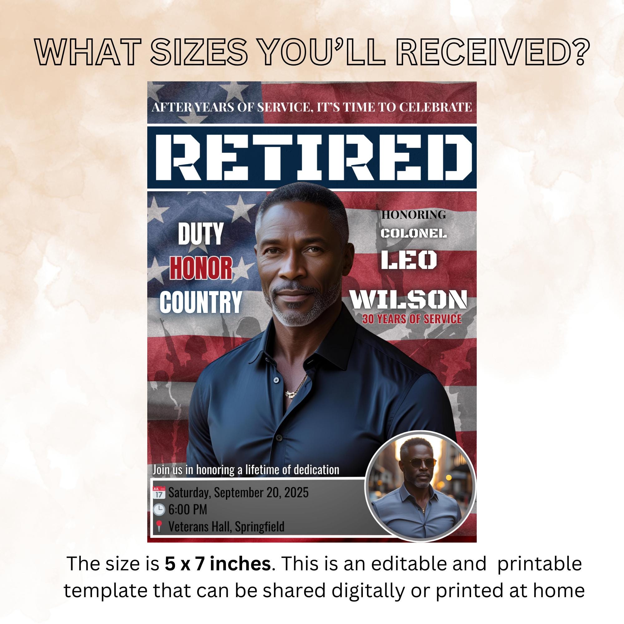 Men Retirement Party Invitation US Military Farewell party invite Patriotic Veteran Army Soldier Retirement Dinner Template with photo