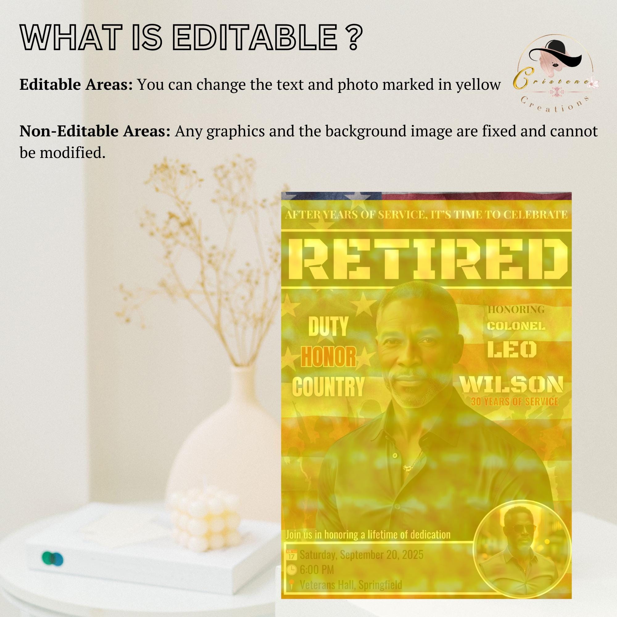 Men Retirement Party Invitation US Military Farewell party invite Patriotic Veteran Army Soldier Retirement Dinner Template with photo