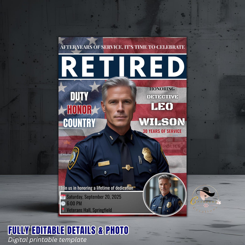 Digital Retirement Party Invitation Men Police Officer Farewell Party Invite Cops Retirement Celebration Law Enforcement Send off Template