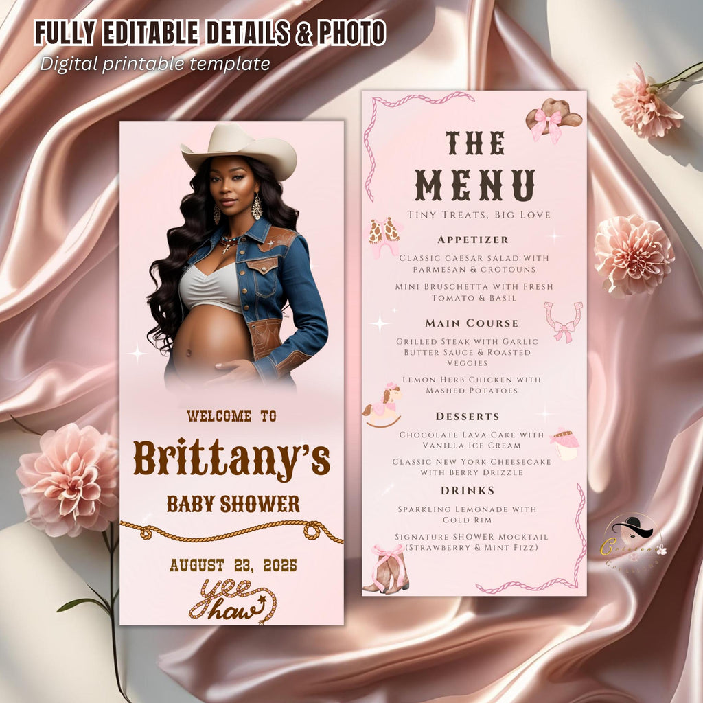 Editable Baby Shower Cowgirl Menu Template Printable Menu Cards with photo Western Rodeo Menu Party Decor Dinner Menu Double Sided Food Menu