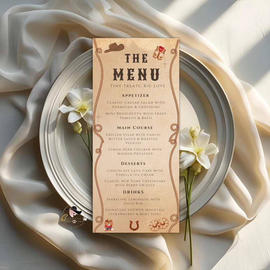 Editable Baby Shower Cowboy Menu Template Western Rodeo Party Menu Cards Printable Dinner Menu with photo Food Menu Double Sided Party Decor