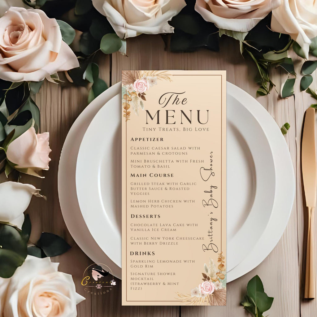 Boho Baby Shower Menu, Birthday Party Menu Cards with photo, Spring Floral Dinner Menu, Gender Neutral Brunch Menu Printable Template