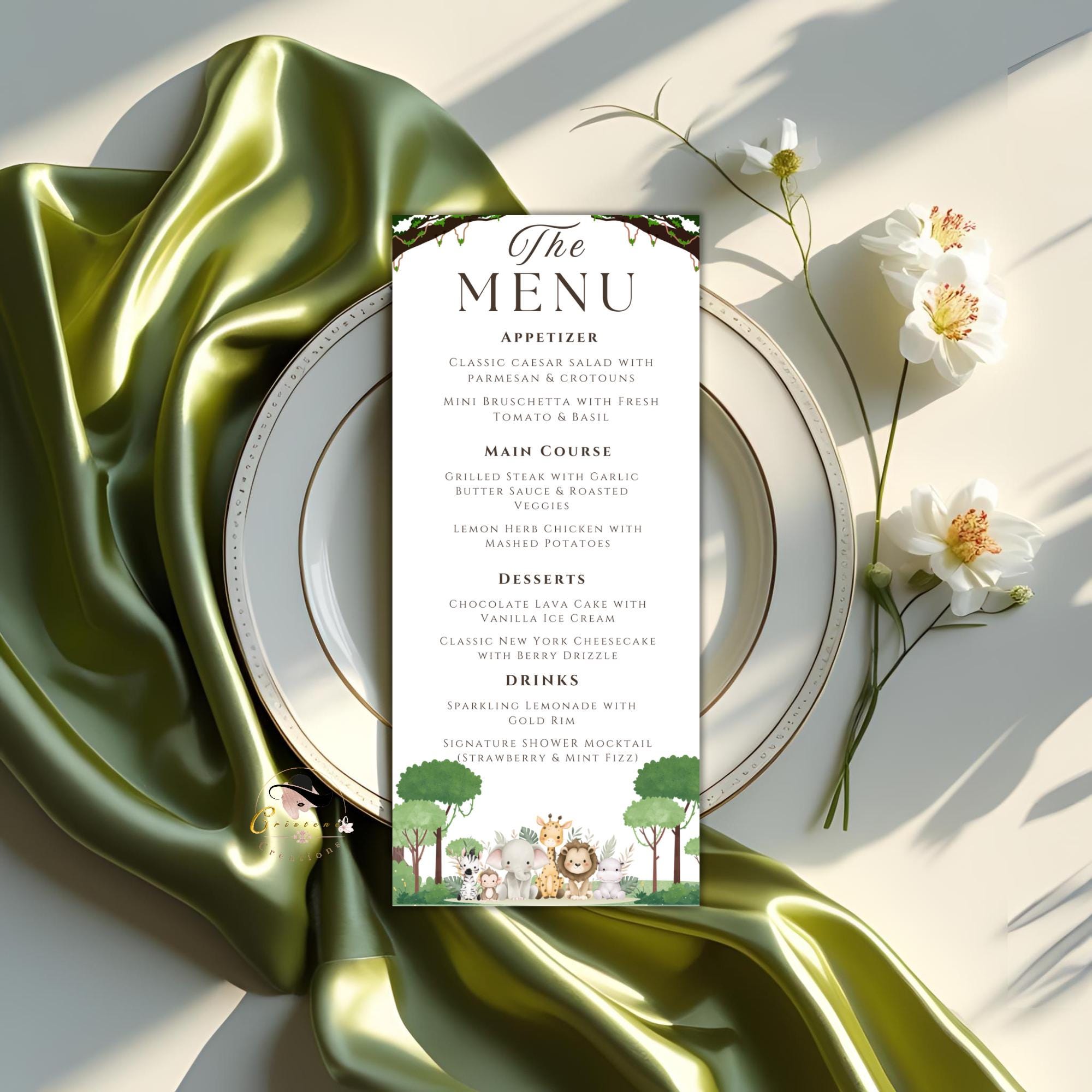 Safari Baby Shower Menu Template with photo Jungle Theme Menu cards Printable Dinner Menu Baby Shower Party Decor Double Sided Food Menu