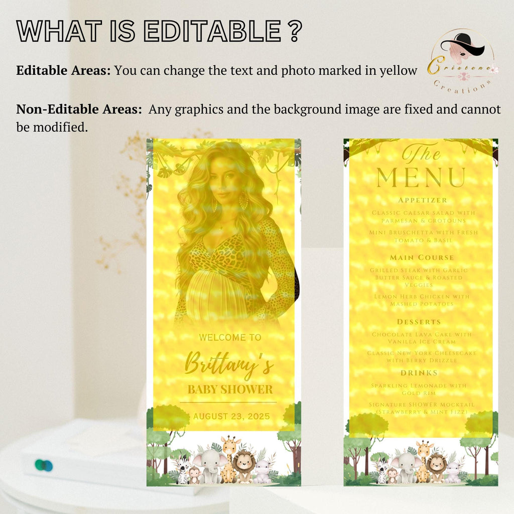 Safari Baby Shower Menu Template with photo Jungle Theme Menu cards Printable Dinner Menu Baby Shower Party Decor Double Sided Food Menu