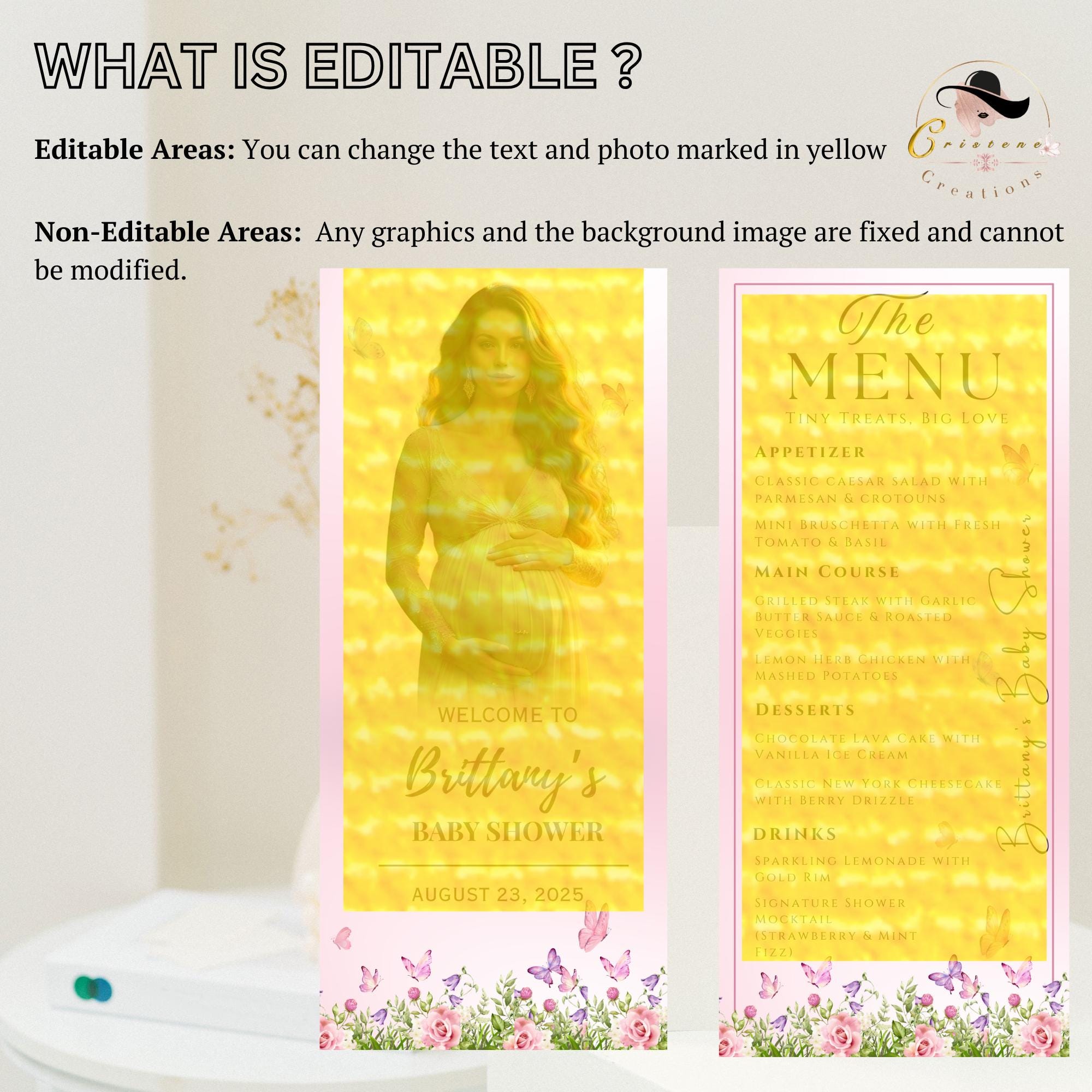 Editable Baby Shower Menu Template with photo Floral Dinner Menu cards printable Garden Double sided Menu Butterfly Baby Shower Party Decor
