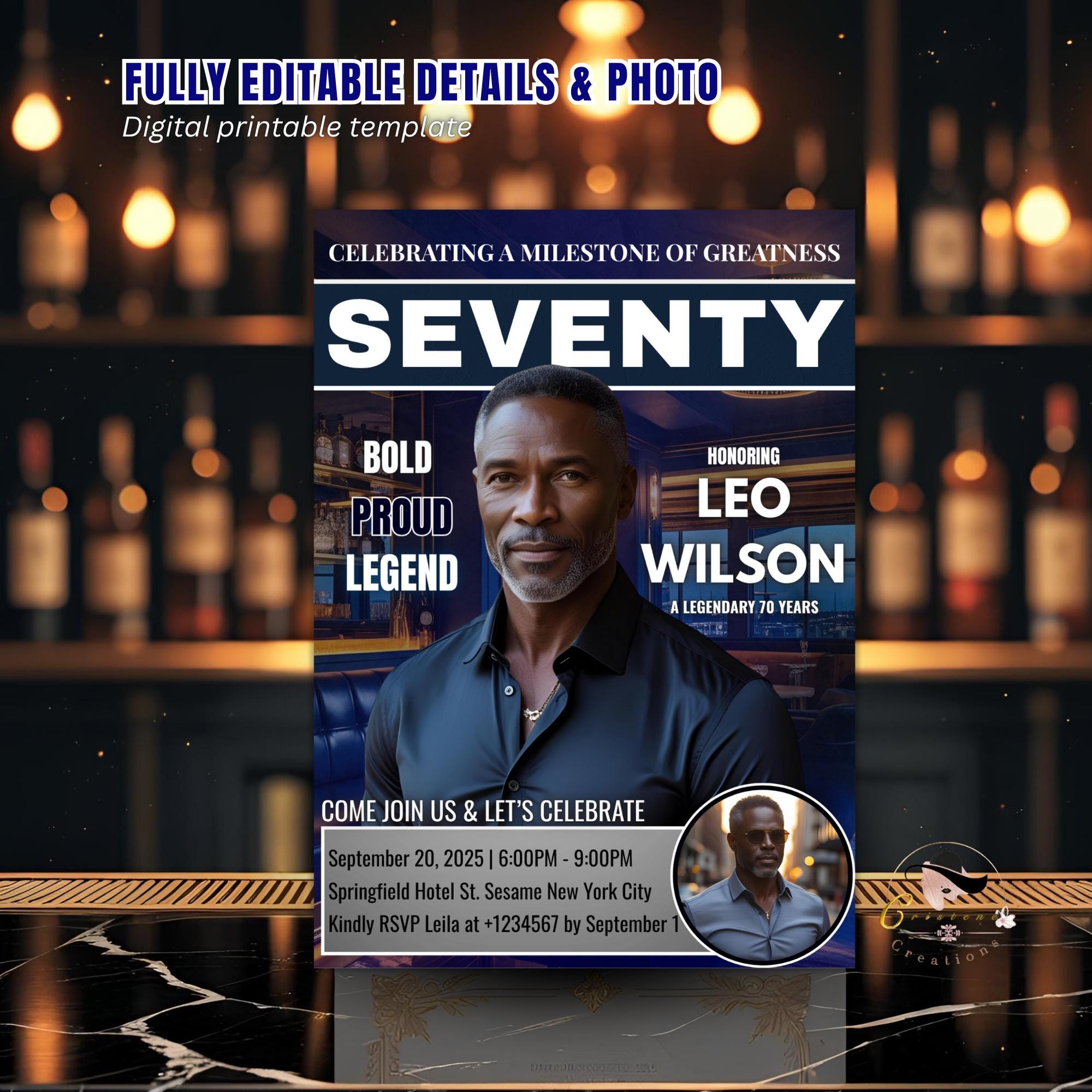 Men 70th Birthday Invitation Navy Blue Silver Digital 70th Birthday Dinner invite Seventieth Birthday Gentlemen Party with photo template