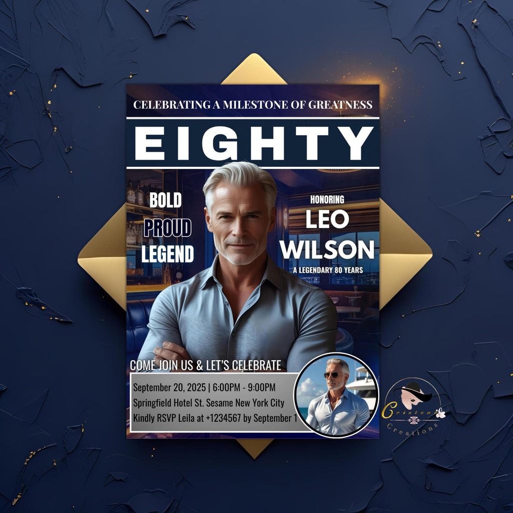 Digital 80th Birthday Invitation Men Blue Silver 80th Birthday Dinner Invite Editable Eightieth Birthday Surprise party with photo Template