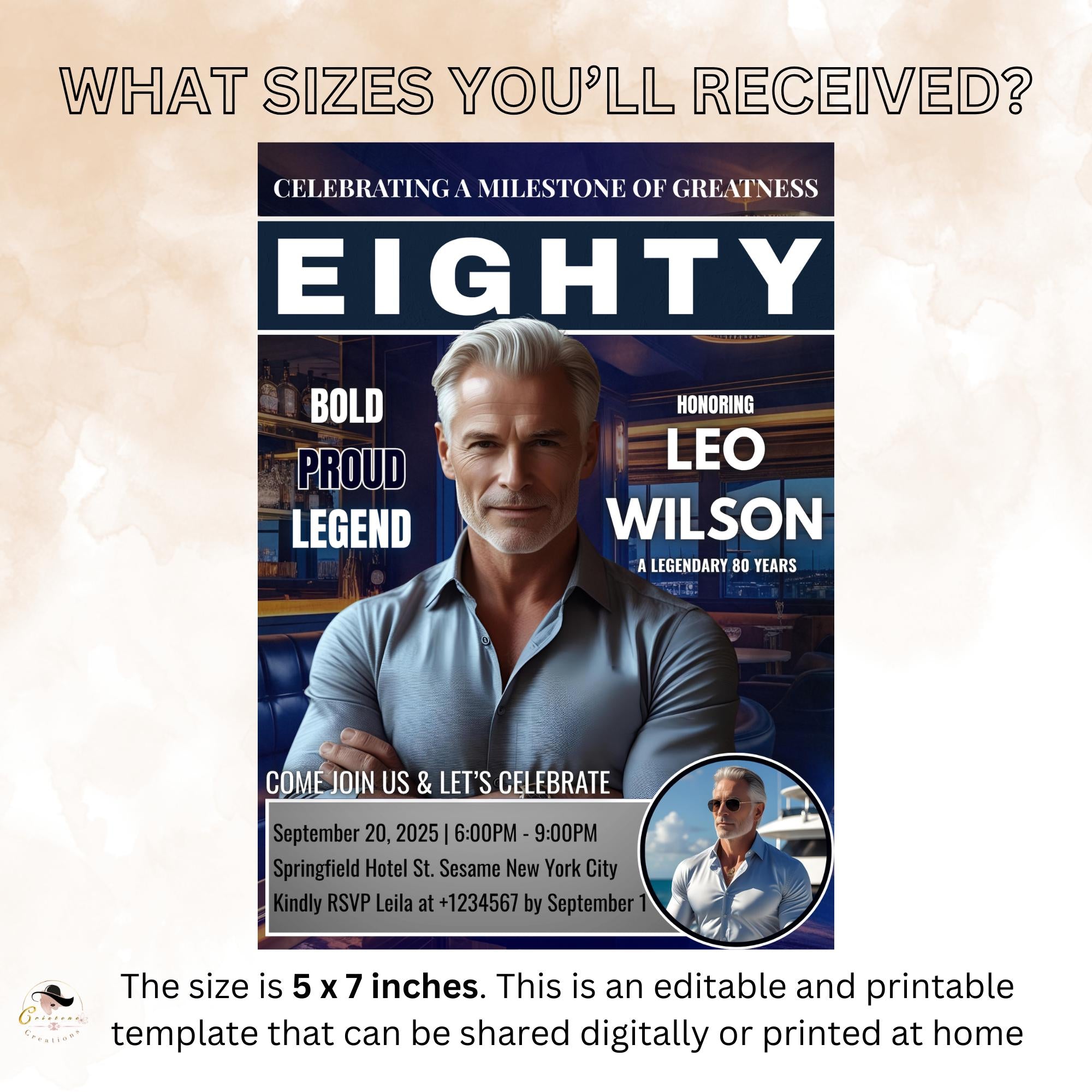 Digital 80th Birthday Invitation Men Blue Silver 80th Birthday Dinner Invite Editable Eightieth Birthday Surprise party with photo Template