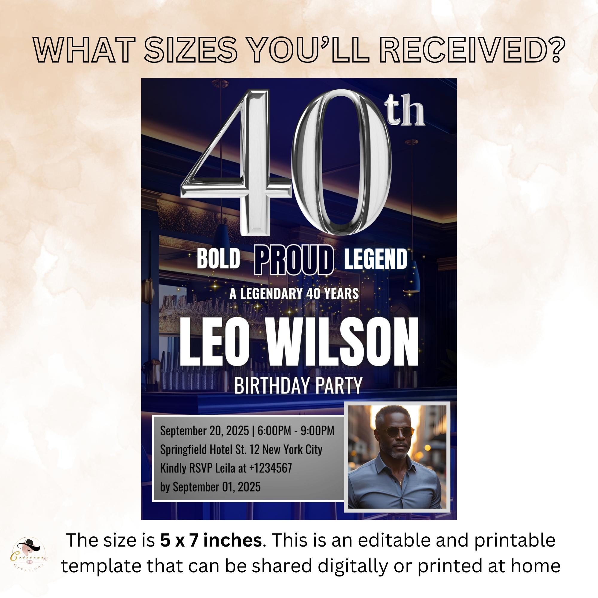 Editable 40th Birthday Invitation Men with photo, Blue Silver 40th Birthday Surprise Party invite Digital Forty Birthday Dinner Template